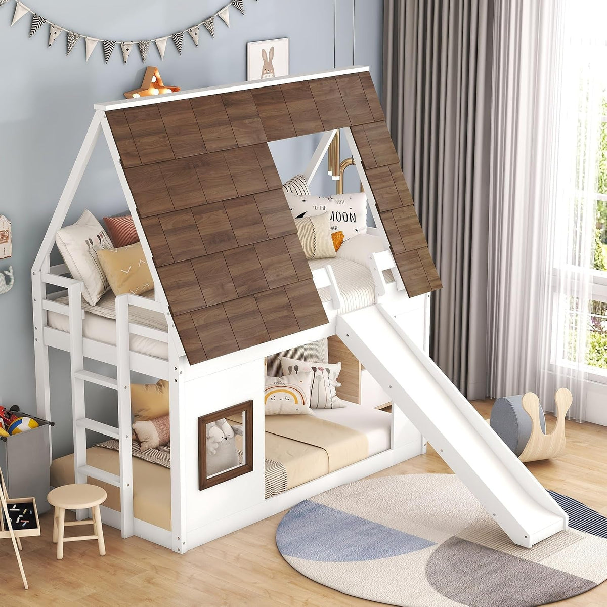 Twin Size Montessori Wooden Playhouse Bunk Bed Slide