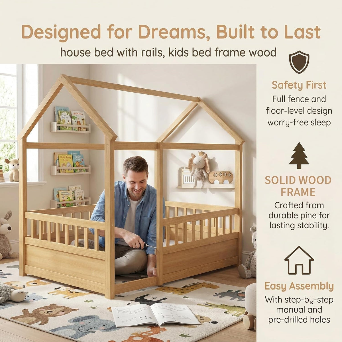Natural Wooden Montessori Platform Bedstead With Fence