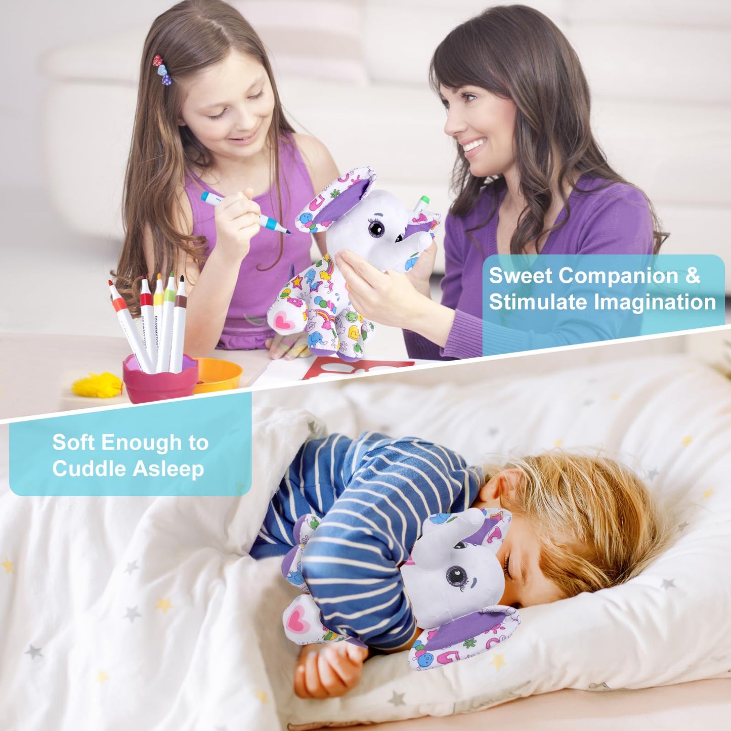 DRAWMYTOY Peluche à Colorier Doodle — 12 Marqueurs Lavables, Lavable en Machine | 3-8 Ans - LumeraKids