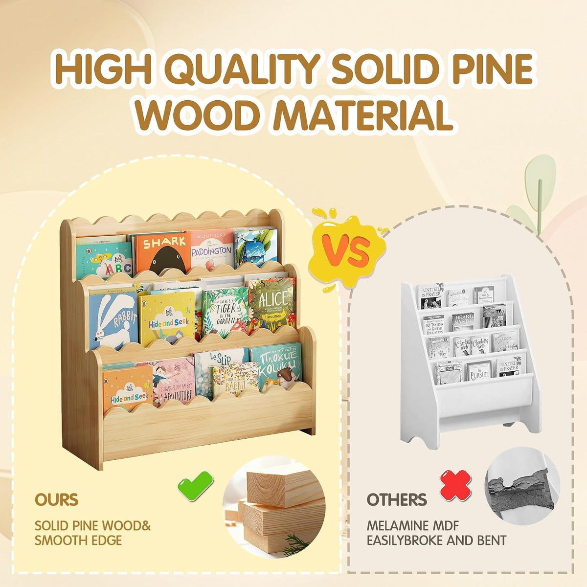 Natural Solid Pine Wood Montessori Nursery Bookshelf