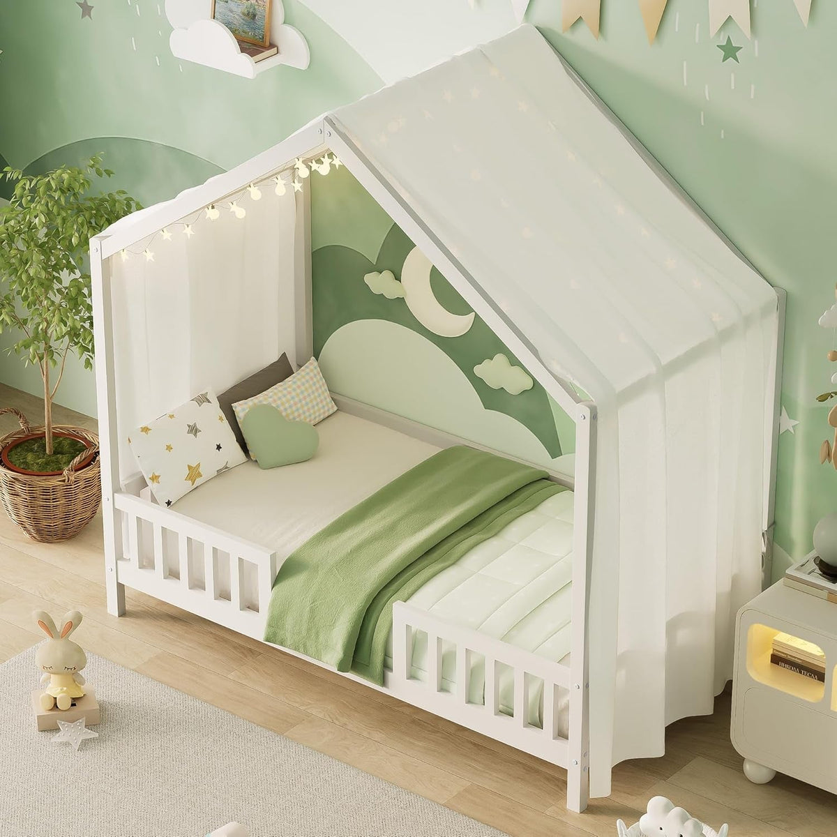 Twin Montessori House Platformbed With Canopy White
