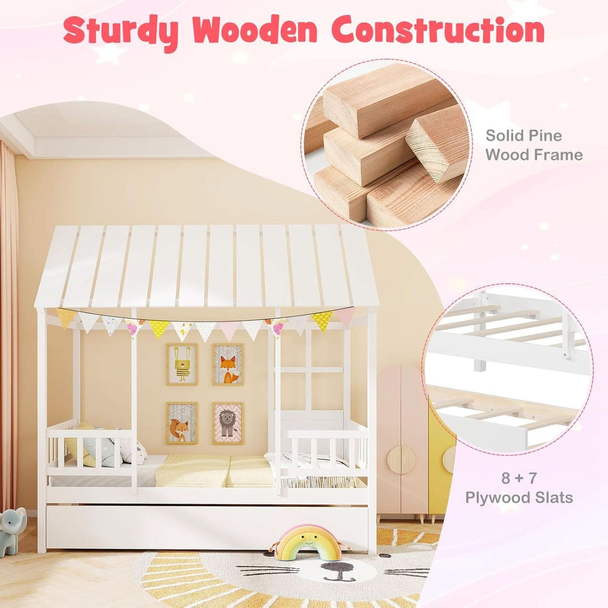 Twin House Bed With Trundle Montessori Inspired Design White
