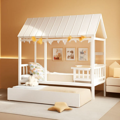 Twin House Bed With Trundle Montessori Inspired Design White