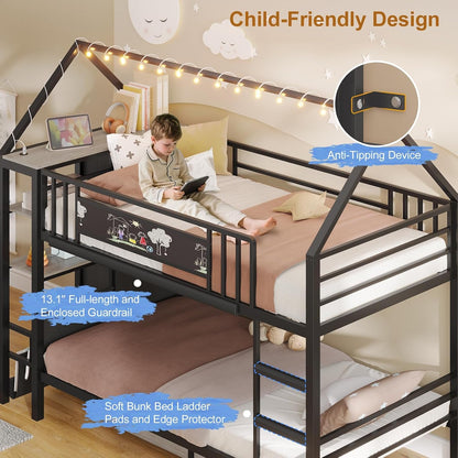 Twin Over Twin Metal Bunk Montessori Bookshelf Bed With Storage