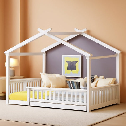 Queen House Floor Bed White Montessori Playhouse Fence - Playhouse - LumeraKids