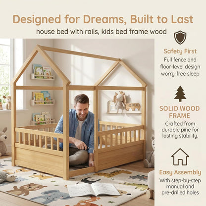 Natural Wooden Montessori Platform Bedstead With Fence