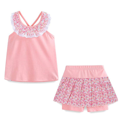 Ensemble 2 Pièces Fille | Haut + Short | Col Dentelle Floral | Coton | 12 mois à 10 ans