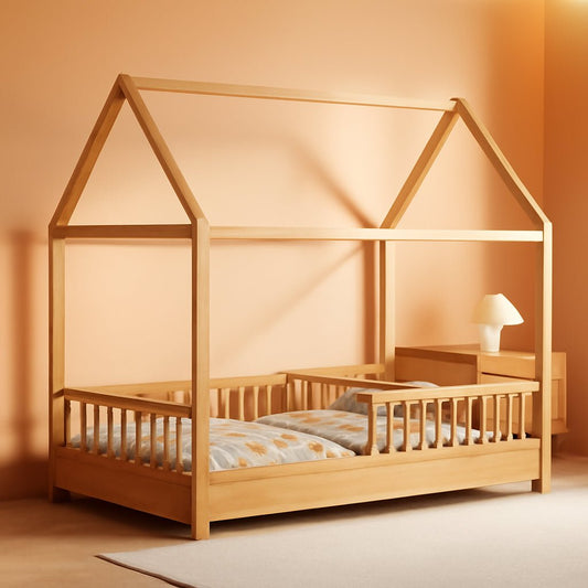 Natural Wooden Montessori Platform Bedstead With Fence - Playhouse - LumeraKids