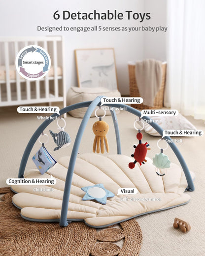 Tapis d'Éveil Bébé Feuille Géante — 6 Jouets Détachables | Blissful Diary