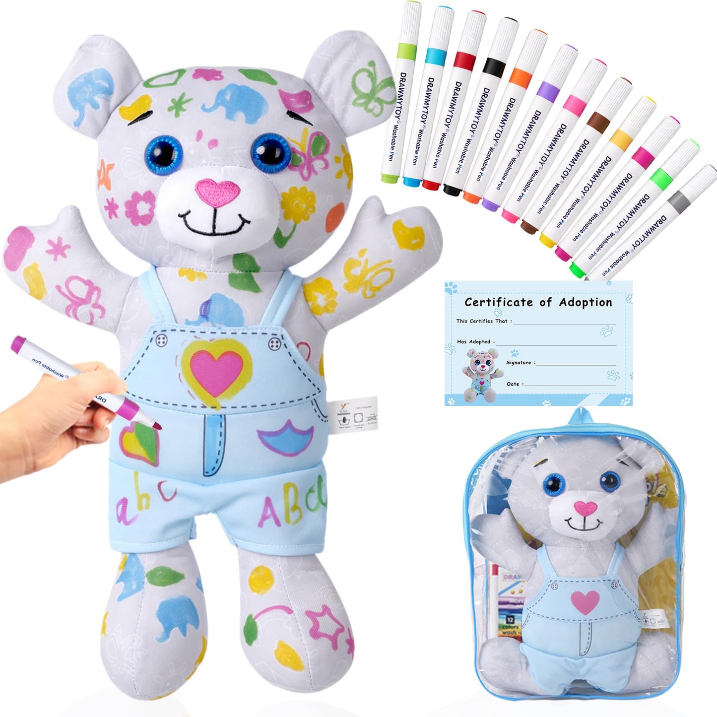 DRAWMYTOY Peluche à Colorier Doodle — 12 Marqueurs Lavables, Lavable en Machine | 3-8 Ans