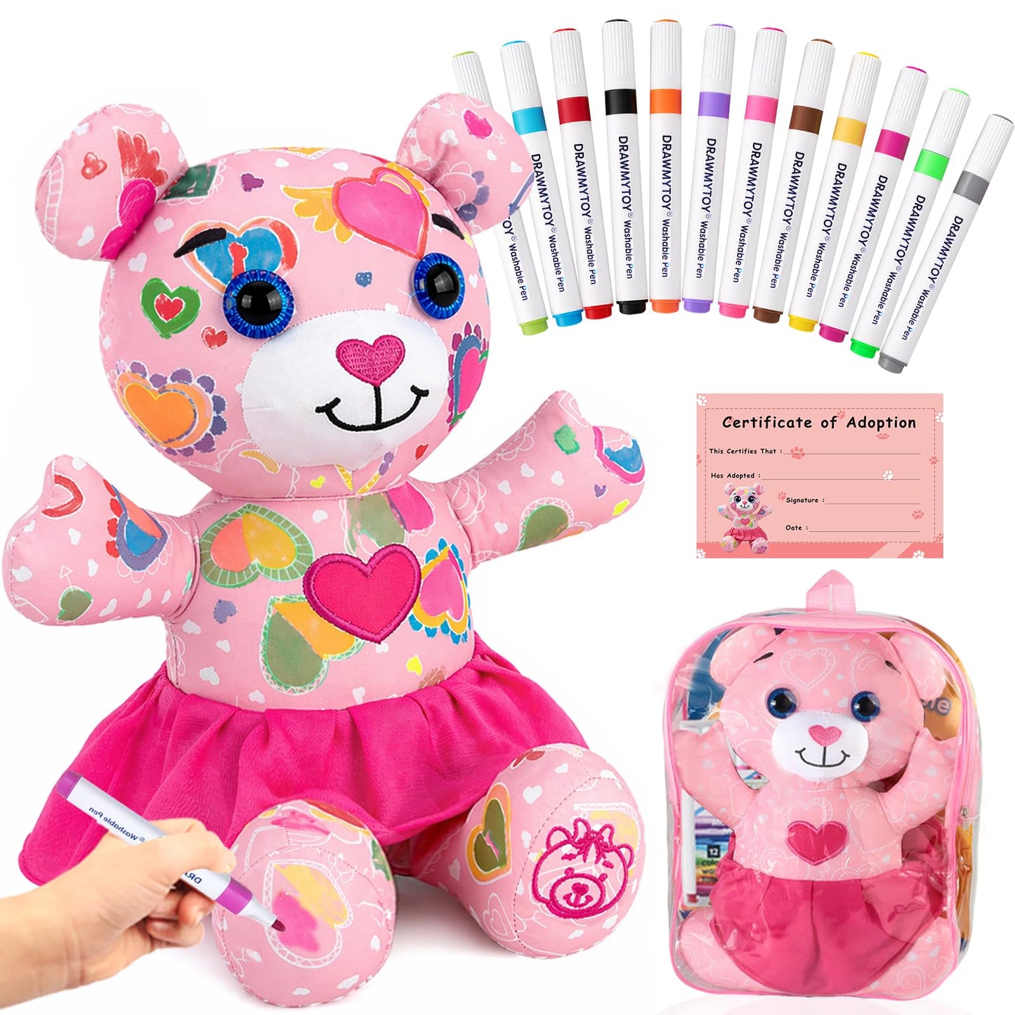 DRAWMYTOY Peluche à Colorier Doodle — 12 Marqueurs Lavables, Lavable en Machine | 3-8 Ans