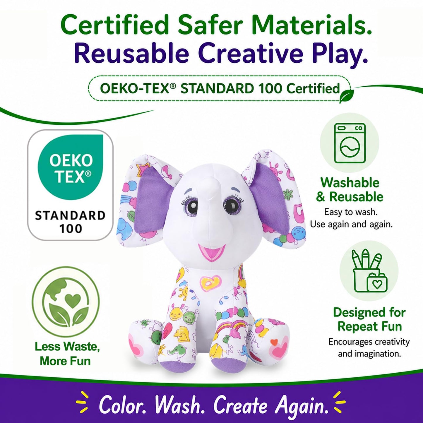 DRAWMYTOY Peluche à Colorier Doodle — 12 Marqueurs Lavables, Lavable en Machine | 3-8 Ans