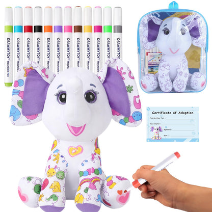 DRAWMYTOY Peluche à Colorier Doodle — 12 Marqueurs Lavables, Lavable en Machine | 3-8 Ans