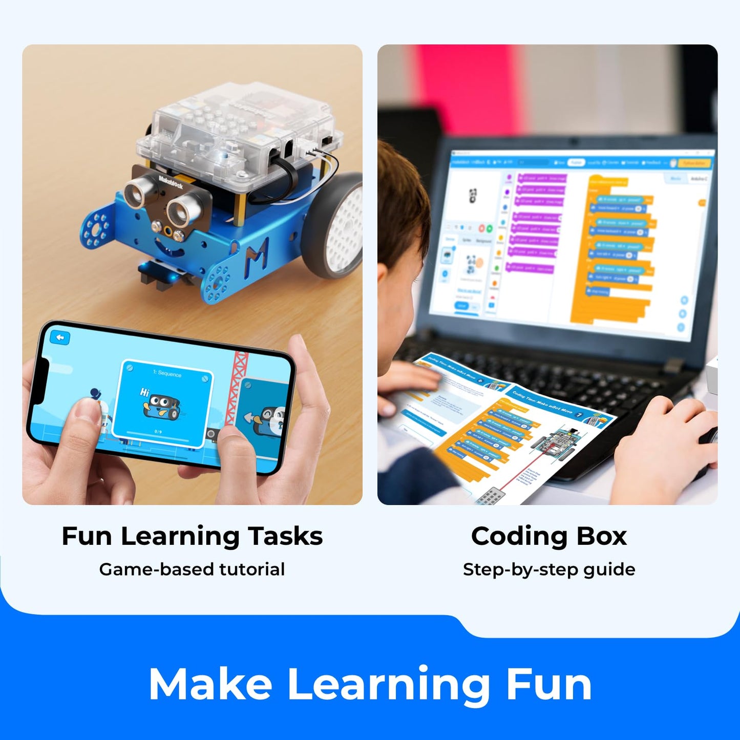 Kit Robot Makeblock mBot avec Boîte de Codage Scratch – Projets STEM pour Enfants 8-12 ans | Programmation Scratch & Arduino
