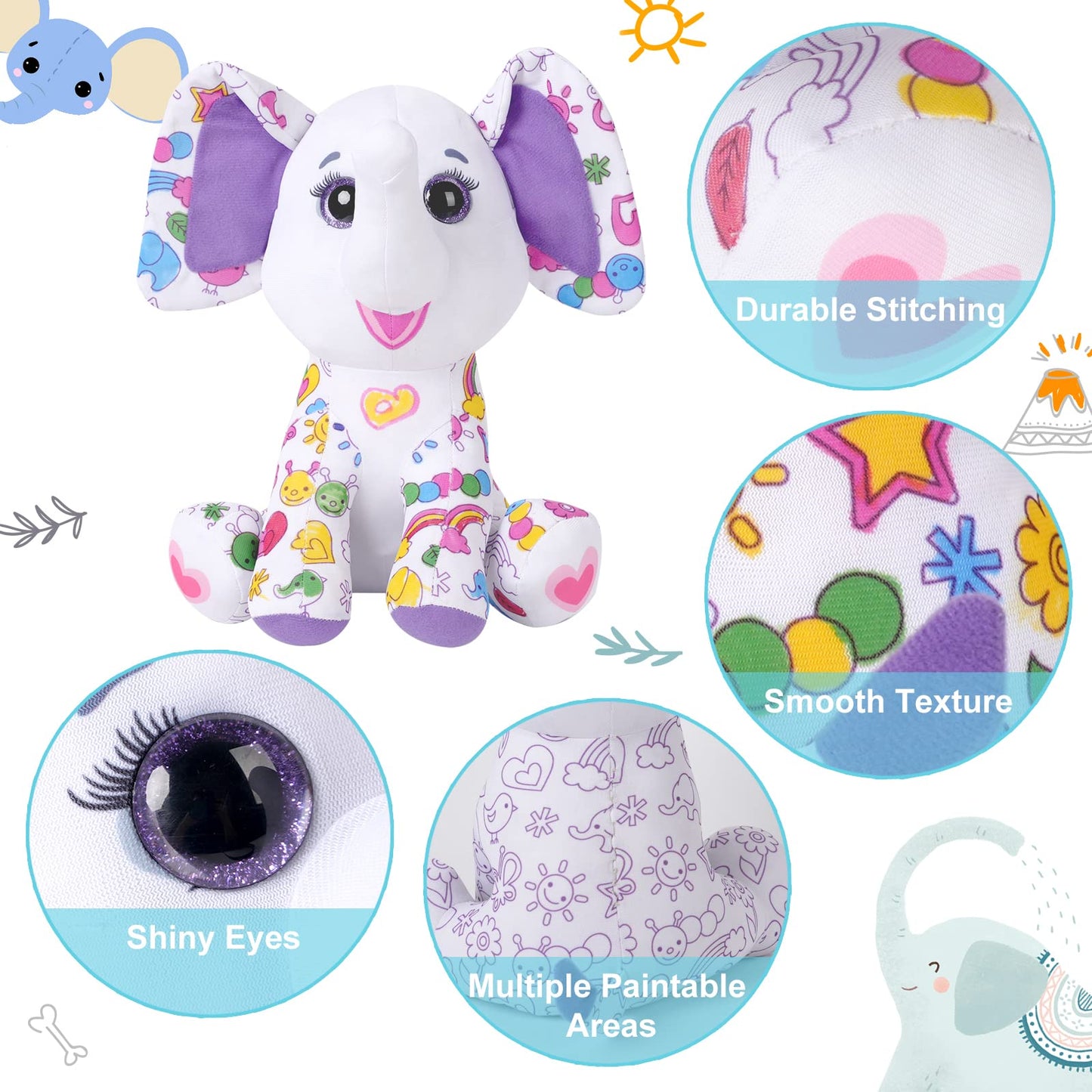 DRAWMYTOY Peluche à Colorier Doodle — 12 Marqueurs Lavables, Lavable en Machine | 3-8 Ans