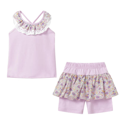 Ensemble 2 Pièces Fille | Haut + Short | Col Dentelle Floral | Coton | 12 mois à 10 ans