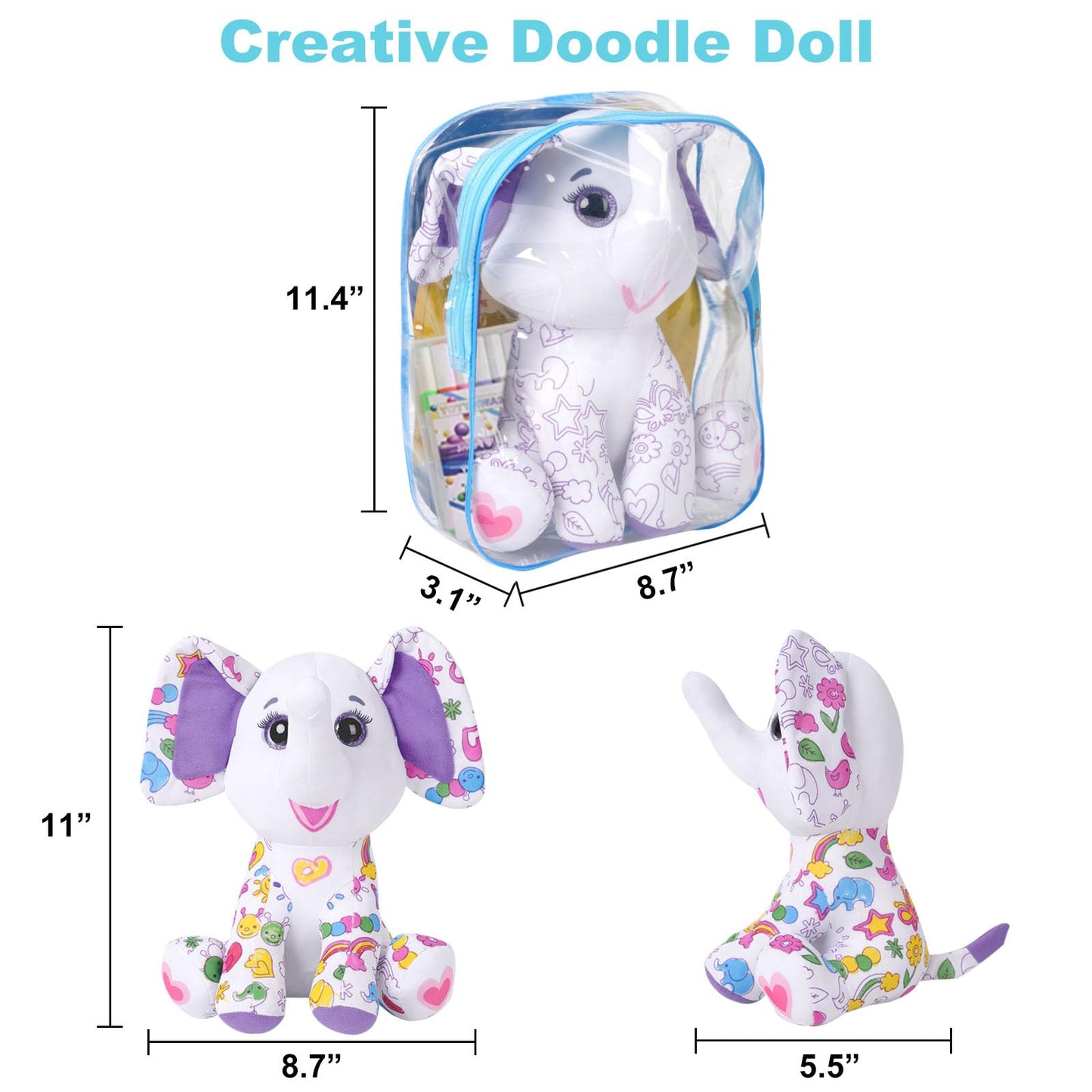 DRAWMYTOY Peluche à Colorier Doodle — 12 Marqueurs Lavables, Lavable en Machine | 3-8 Ans