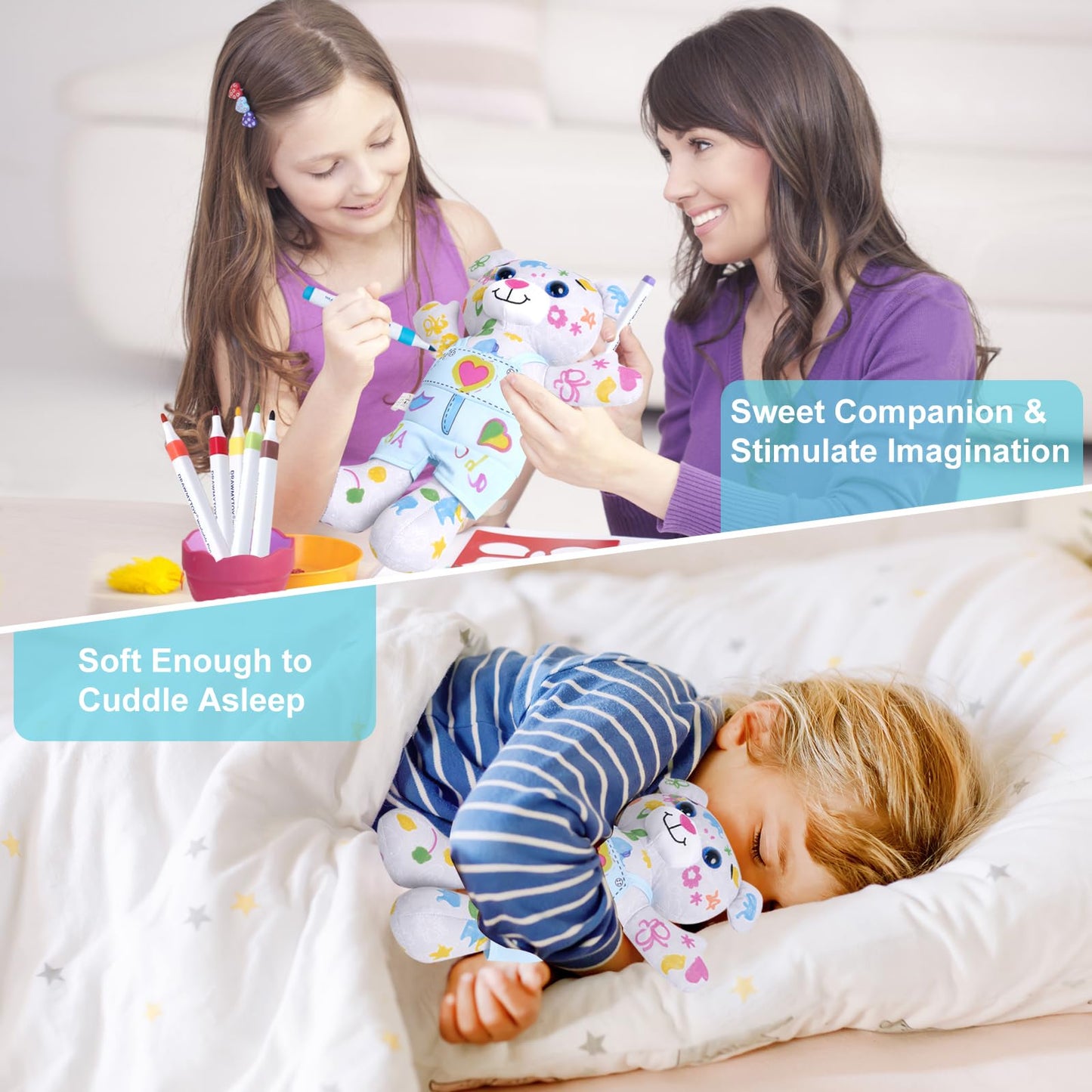 DRAWMYTOY Peluche à Colorier Doodle — 12 Marqueurs Lavables, Lavable en Machine | 3-8 Ans