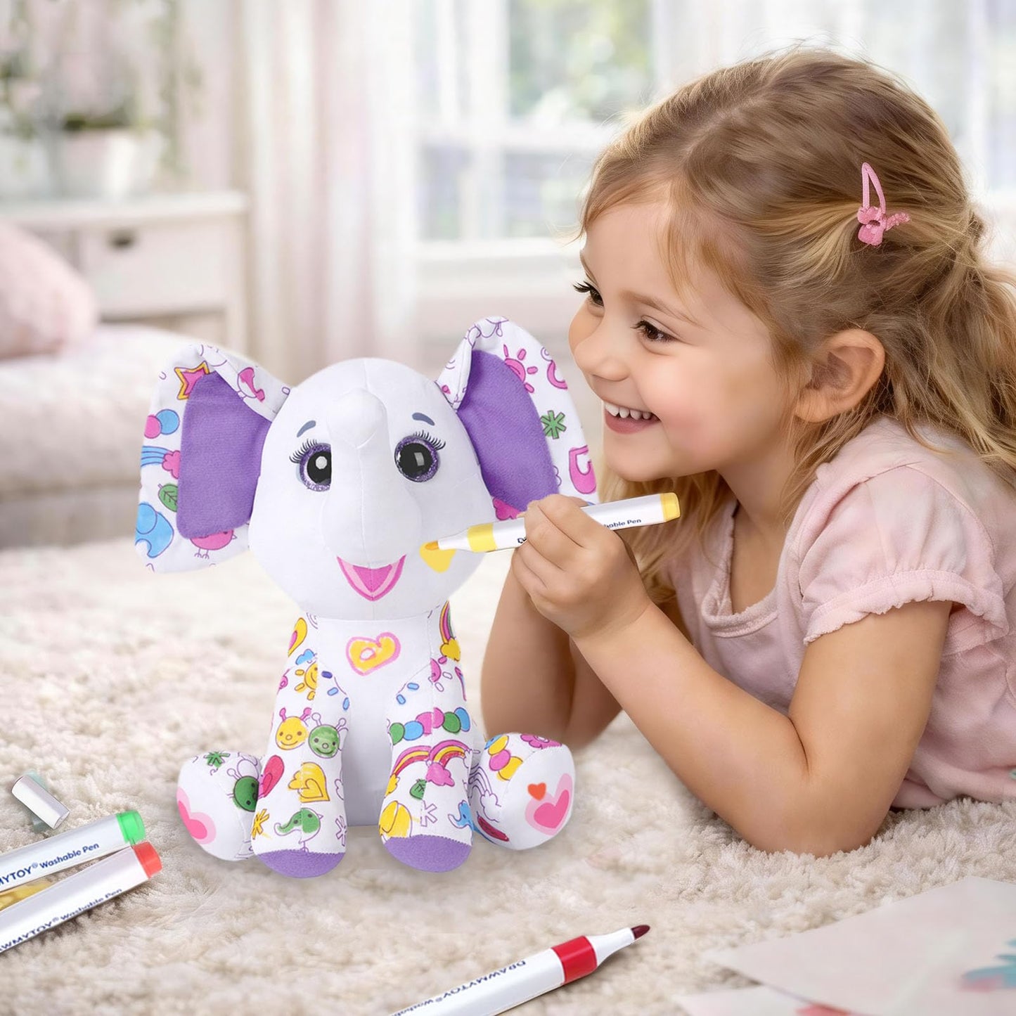 DRAWMYTOY Peluche à Colorier Doodle — 12 Marqueurs Lavables, Lavable en Machine | 3-8 Ans