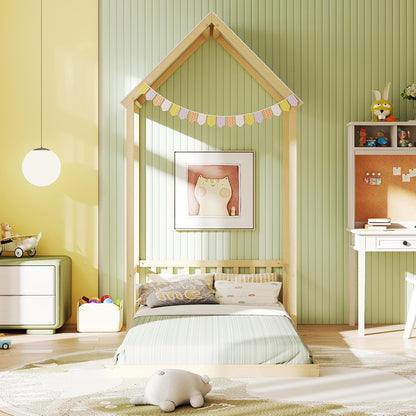 Twin Size Montessori Floor Bed Natural Solid Wood Frame
