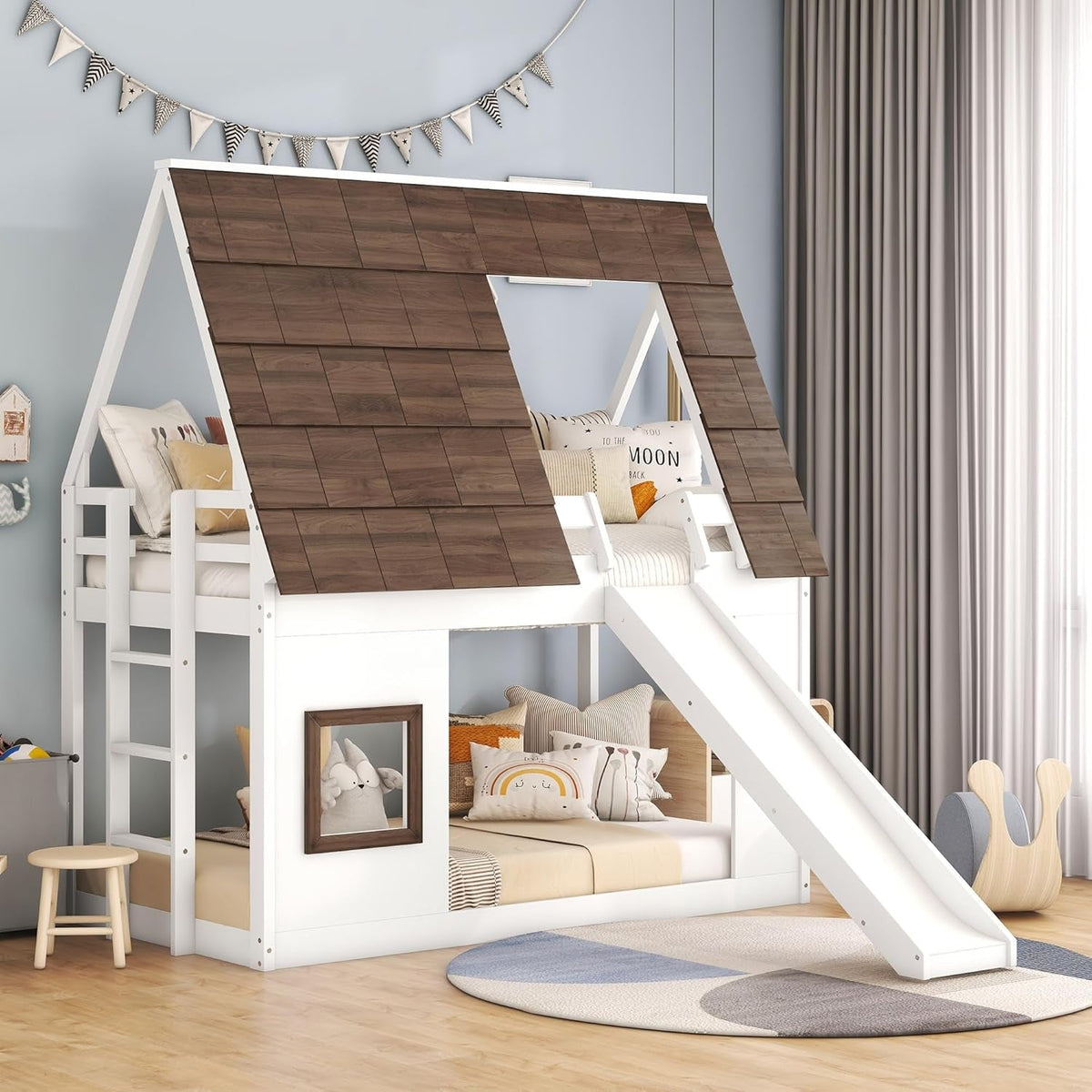 Twin Size Montessori Wooden Playhouse Bunk Bed Slide