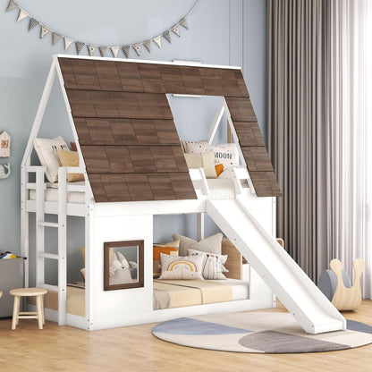 Twin Size Montessori Wooden Playhouse Bunk Bed Slide