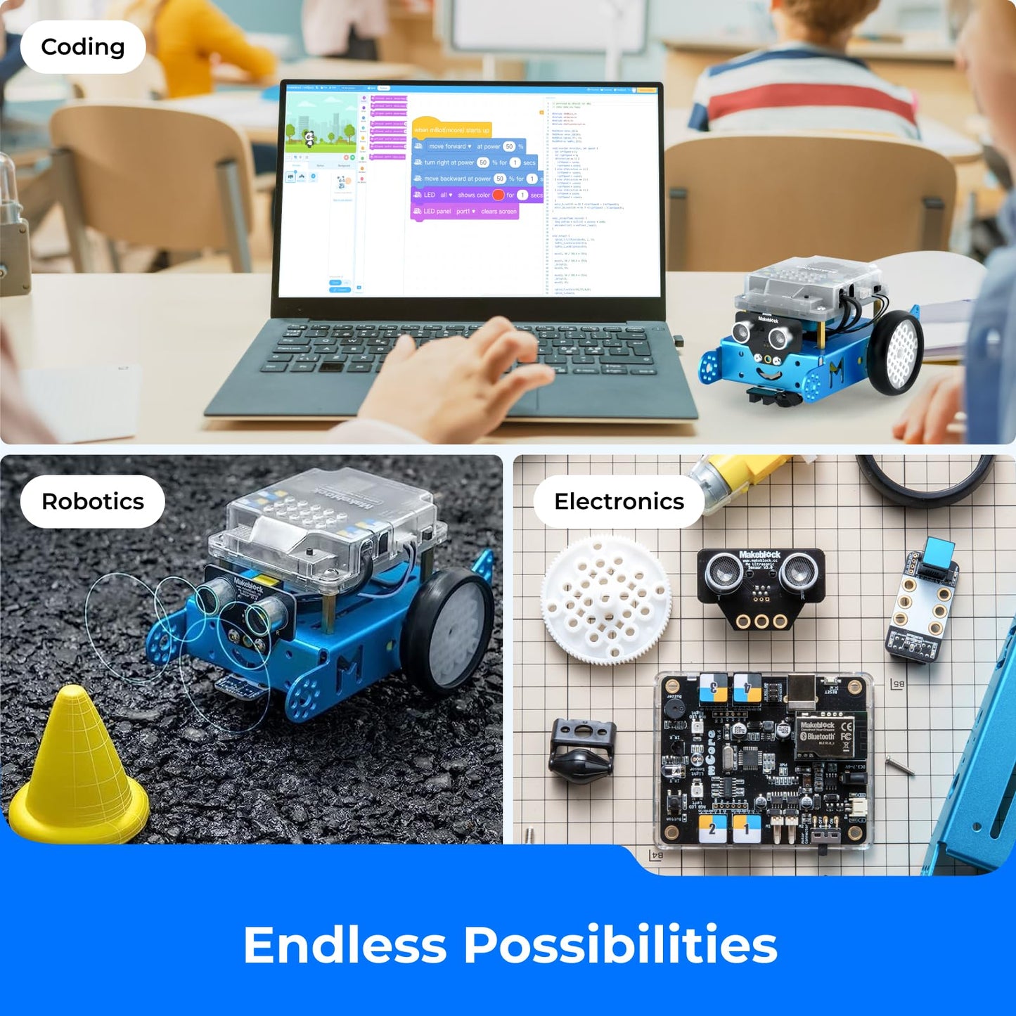Kit Robot Makeblock mBot avec Boîte de Codage Scratch – Projets STEM pour Enfants 8-12 ans | Programmation Scratch & Arduino
