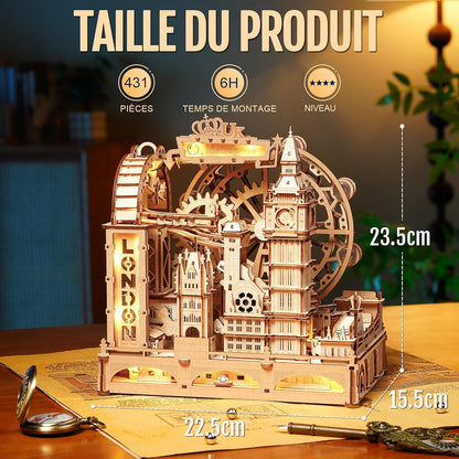 ROKR Marble Travel London EGB01 – Maquette 3D en bois avec circuit à billes | Kit STEM 431 pièces | Puzzle Londres lumineux