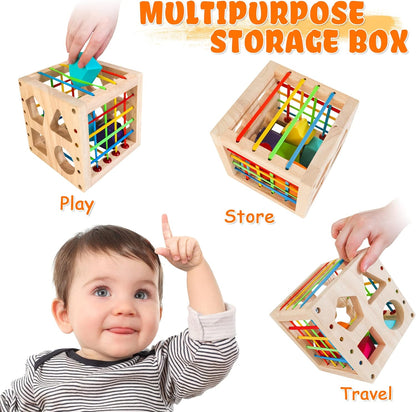 HELLOWOOD Cube Trieur de Formes en Bois — 8 Formes Montessori, Boite de Rangement | Dès 12 Mois