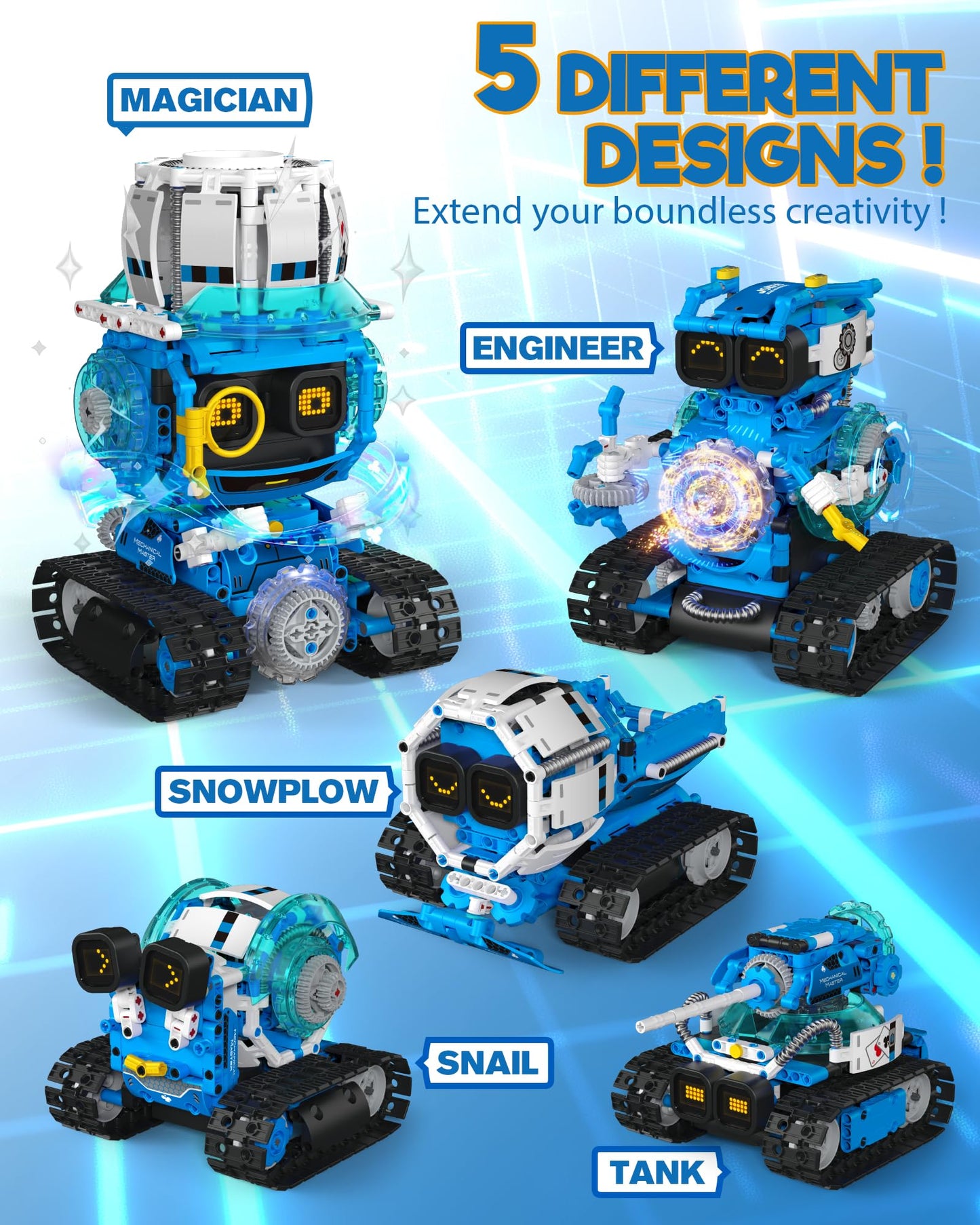 Opmind 5-in-1 STEM RC Robot Building kit, 478Pcs App Coding, Boys Age 6-12 | 1 set transforms into 5 models, Kids DIY Sound Light Interactive Science Set, LED eyes, coding play. Christmas Birthday Gifts - LumeraKids