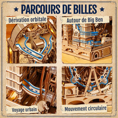 ROKR Marble Travel London EGB01 – Maquette 3D en bois avec circuit à billes | Kit STEM 431 pièces | Puzzle Londres lumineux