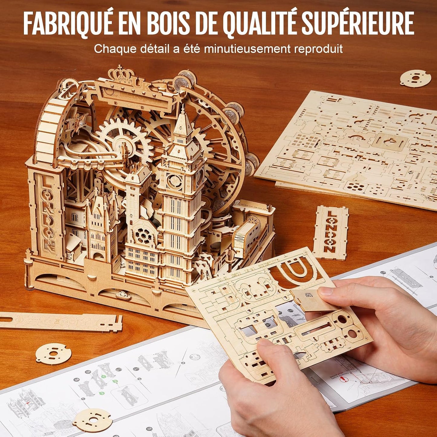 ROKR Marble Travel London EGB01 – Maquette 3D en bois avec circuit à billes | Kit STEM 431 pièces | Puzzle Londres lumineux