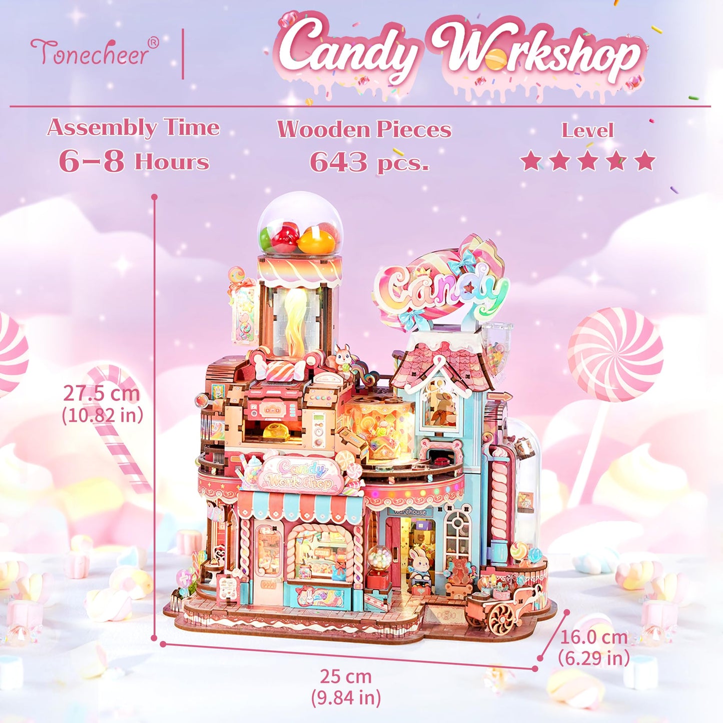 Tonecheer – Puzzle 3D en Bois Candy Workshop | Kit Maquette Mécanique avec Musique & Lumières