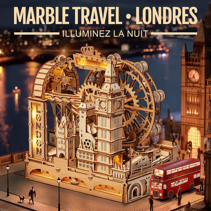 ROKR Marble Travel London EGB01 – Maquette 3D en bois avec circuit à billes | Kit STEM 431 pièces | Puzzle Londres lumineux