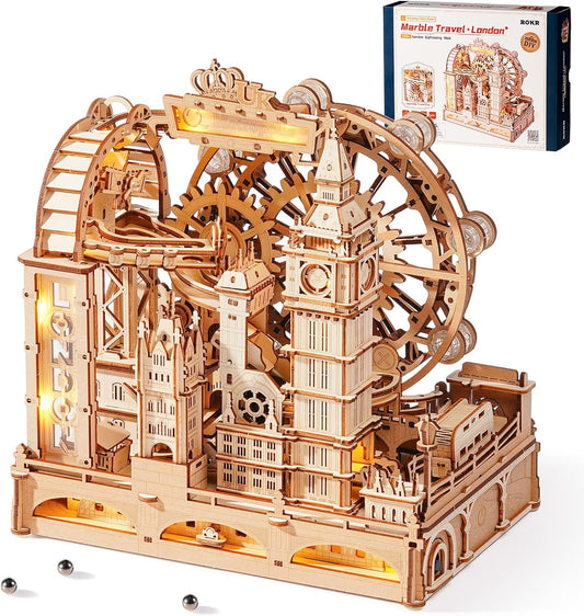 ROKR Marble Travel London EGB01 – Maquette 3D en bois avec circuit à billes | Kit STEM 431 pièces | Puzzle Londres lumineux - LumeraKids
