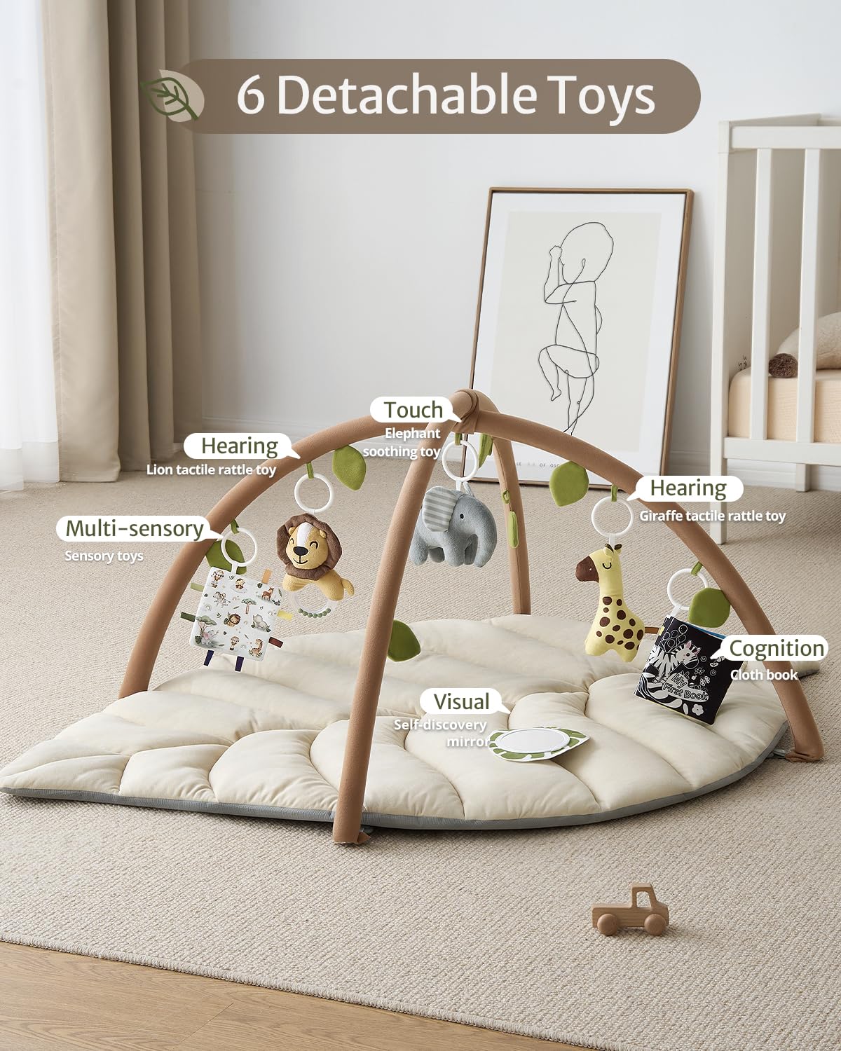 Tapis d'Éveil Bébé Feuille Géante — 6 Jouets Détachables | Blissful Diary