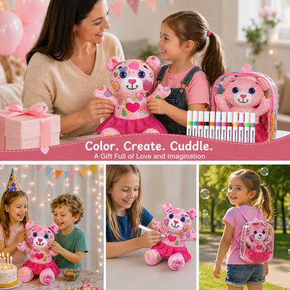 DRAWMYTOY Peluche à Colorier Doodle — 12 Marqueurs Lavables, Lavable en Machine | 3-8 Ans