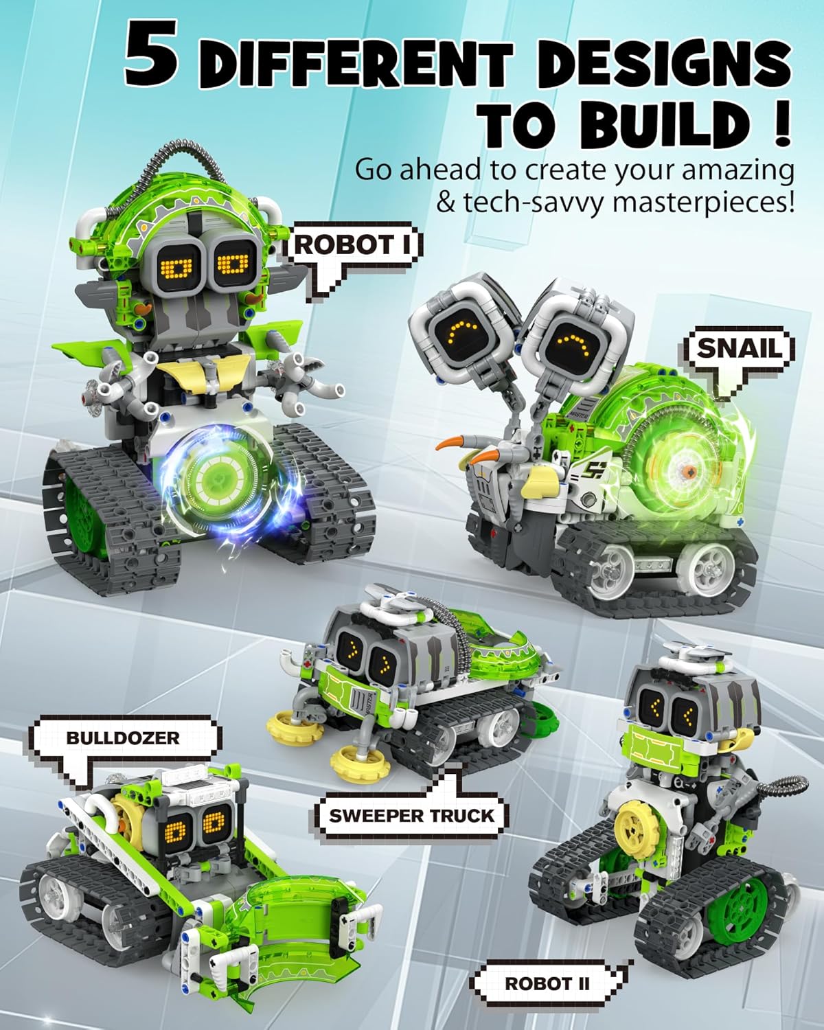 Opmind 5-in-1 STEM RC Robot Building kit, 478Pcs App Coding, Boys Age 6-12 | 1 set transforms into 5 models, Kids DIY Sound Light Interactive Science Set, LED eyes, coding play. Christmas Birthday Gifts - LumeraKids