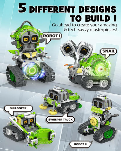 Opmind 5-in-1 STEM RC Robot Building kit, 478Pcs App Coding, Boys Age 6-12 | 1 set transforms into 5 models, Kids DIY Sound Light Interactive Science Set, LED eyes, coding play. Christmas Birthday Gifts - LumeraKids