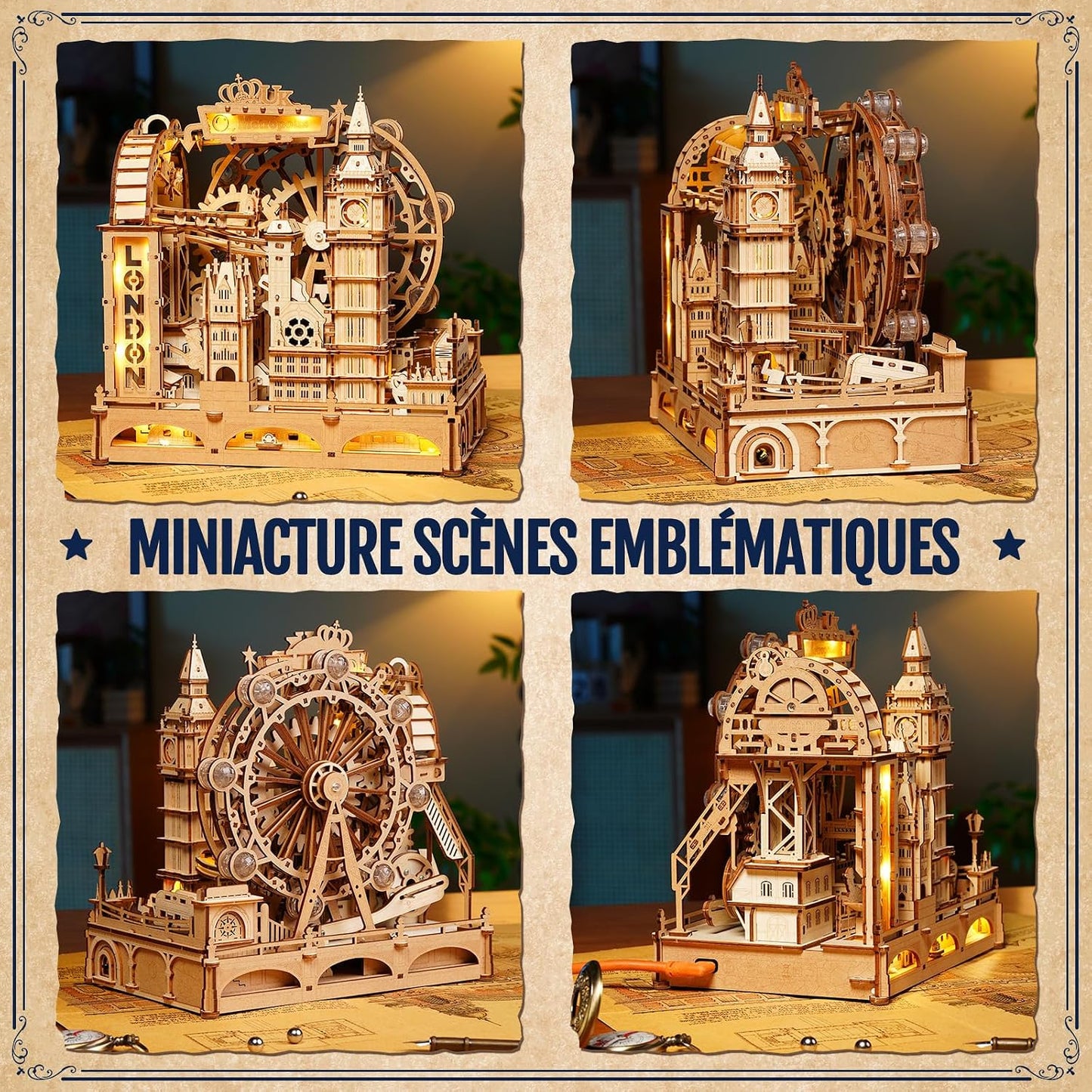 ROKR Marble Travel London EGB01 – Maquette 3D en bois avec circuit à billes | Kit STEM 431 pièces | Puzzle Londres lumineux
