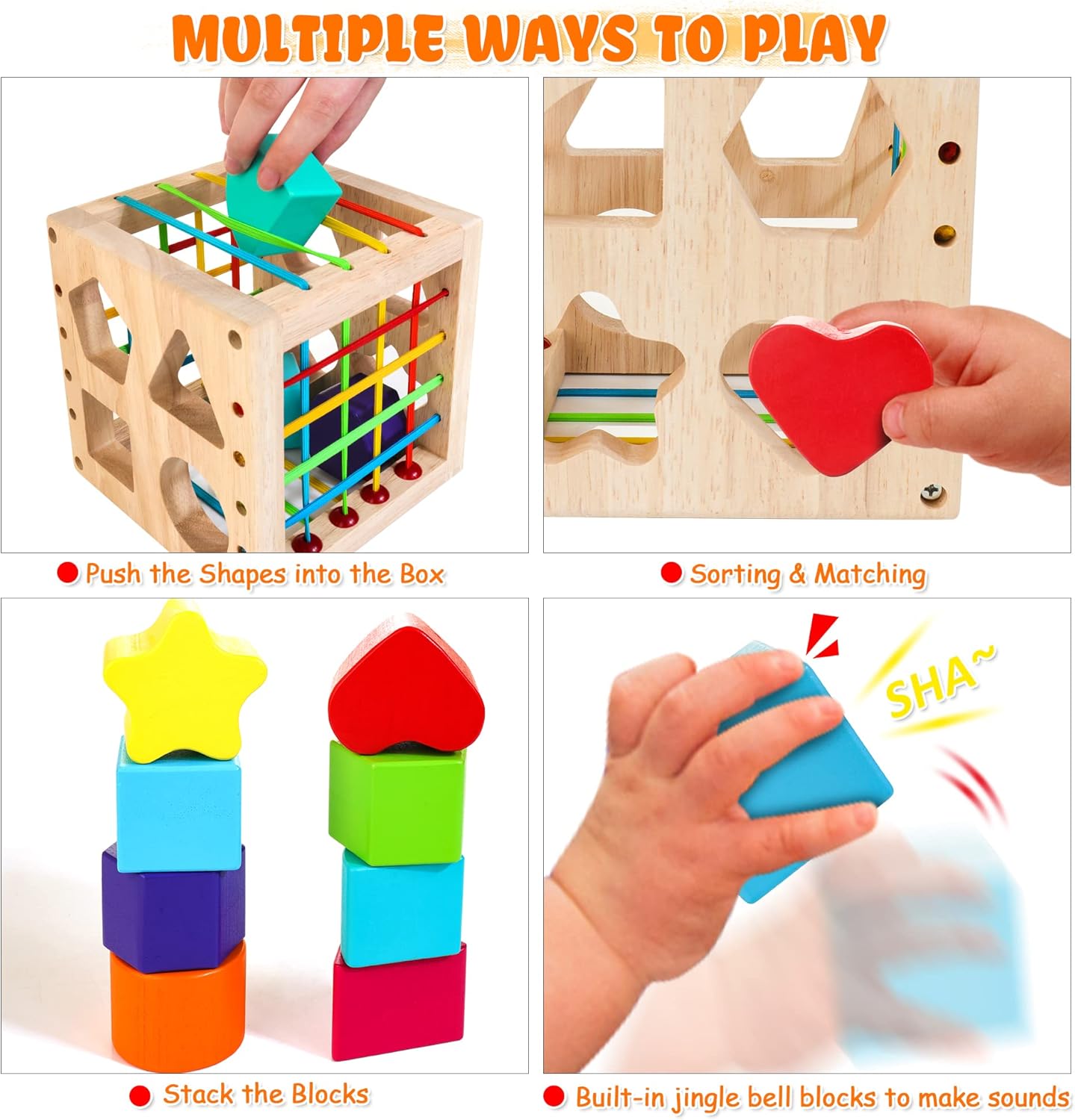 HELLOWOOD Cube Trieur de Formes en Bois — 8 Formes Montessori, Boite de Rangement | Dès 12 Mois