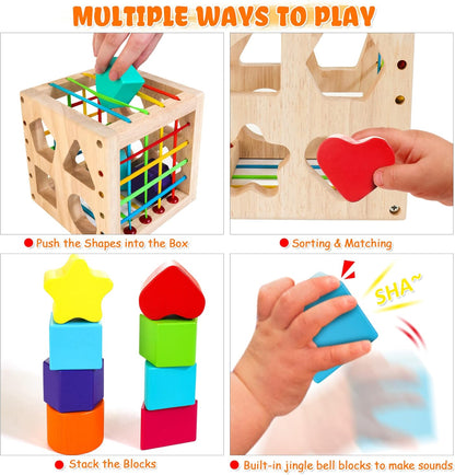 HELLOWOOD Cube Trieur de Formes en Bois — 8 Formes Montessori, Boite de Rangement | Dès 12 Mois