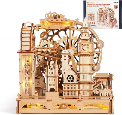 ROKR Marble Travel London EGB01 – Maquette 3D en bois avec circuit à billes | Kit STEM 431 pièces | Puzzle Londres lumineux