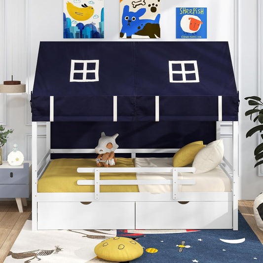 White Twin Montessori House Bed Frame With Drawers - Playhouse - LumeraKids