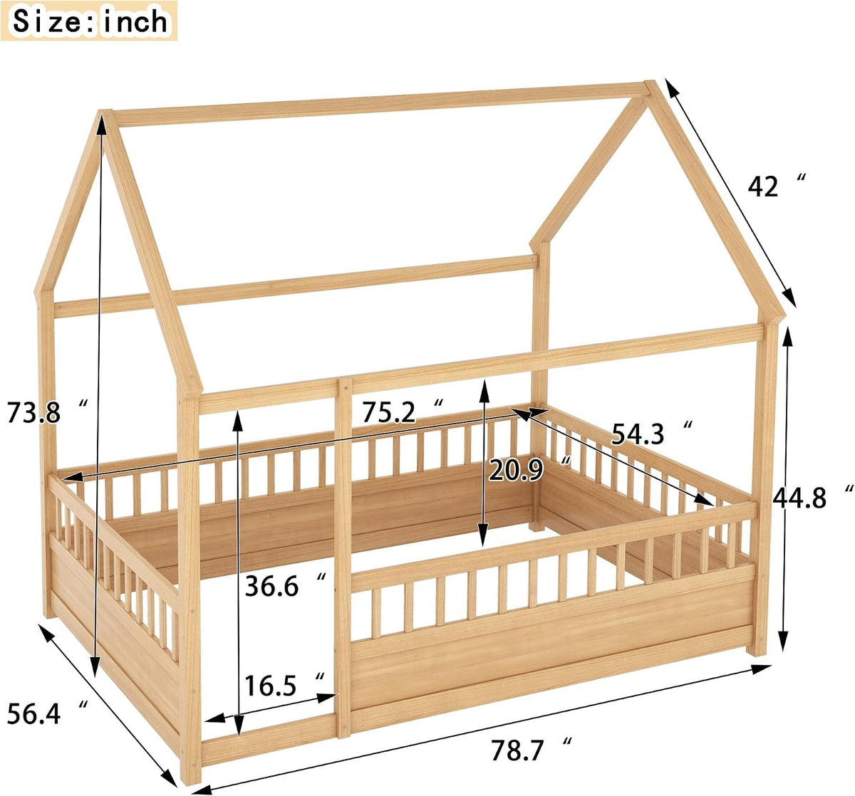 Natural Wooden Montessori Platform Bedstead With Fence