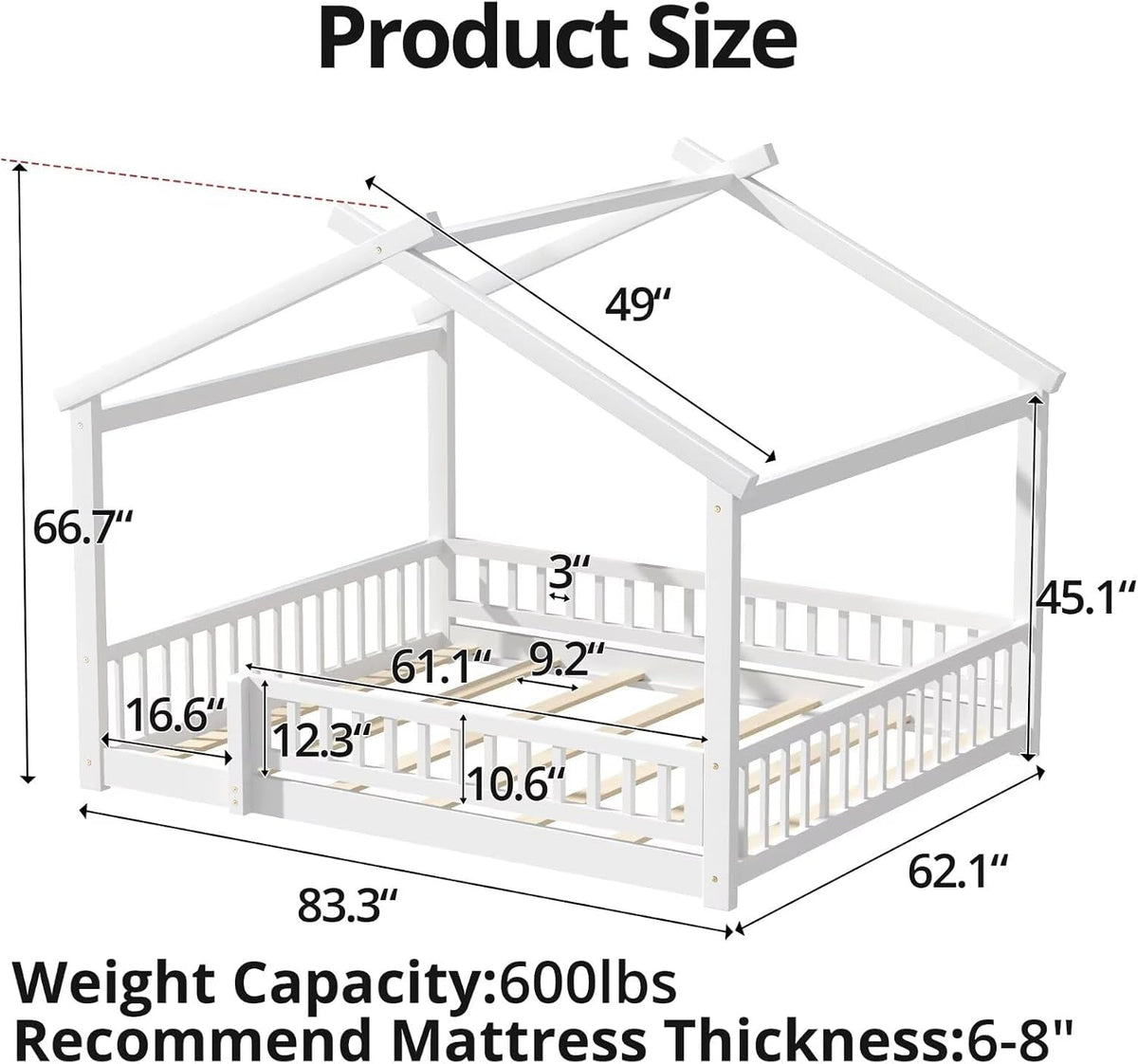 Queen House Floor Bed White Montessori Playhouse Fence