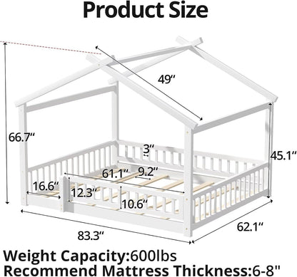 Queen House Floor Bed White Montessori Playhouse Fence