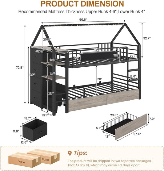 Twin Over Twin Metal Bunk Montessori Bookshelf Bed With Storage - Bunk Bed - LumeraKids