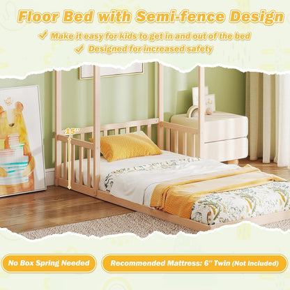 Twin Size Montessori Floor Bed Natural Solid Wood Frame
