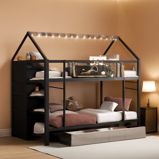 Twin Over Twin Metal Bunk Montessori Bookshelf Bed With Storage - Bunk Bed - LumeraKids